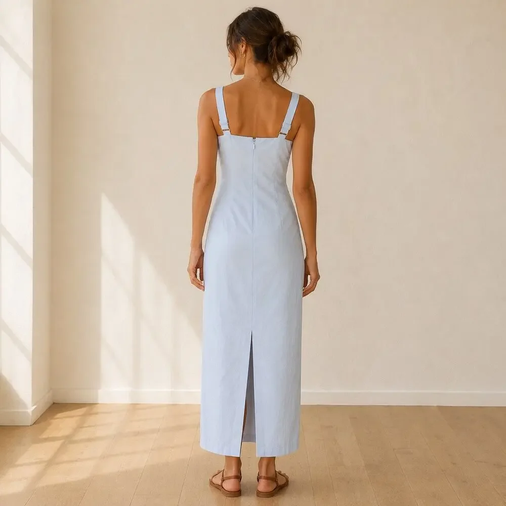 Abercrombie & Fitch Blue Cotton Stretch Maxi Dress M Classic Coastal Summer